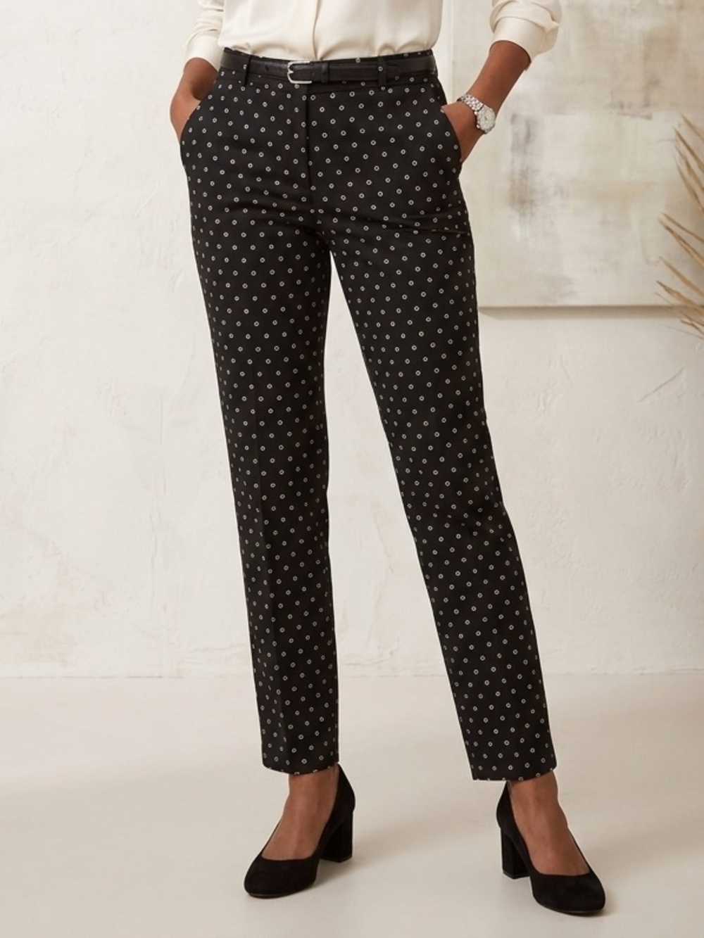 Talbots Pants Silk Blend Black Cream Taupe Geometric Straight Leg Pockets NWOT